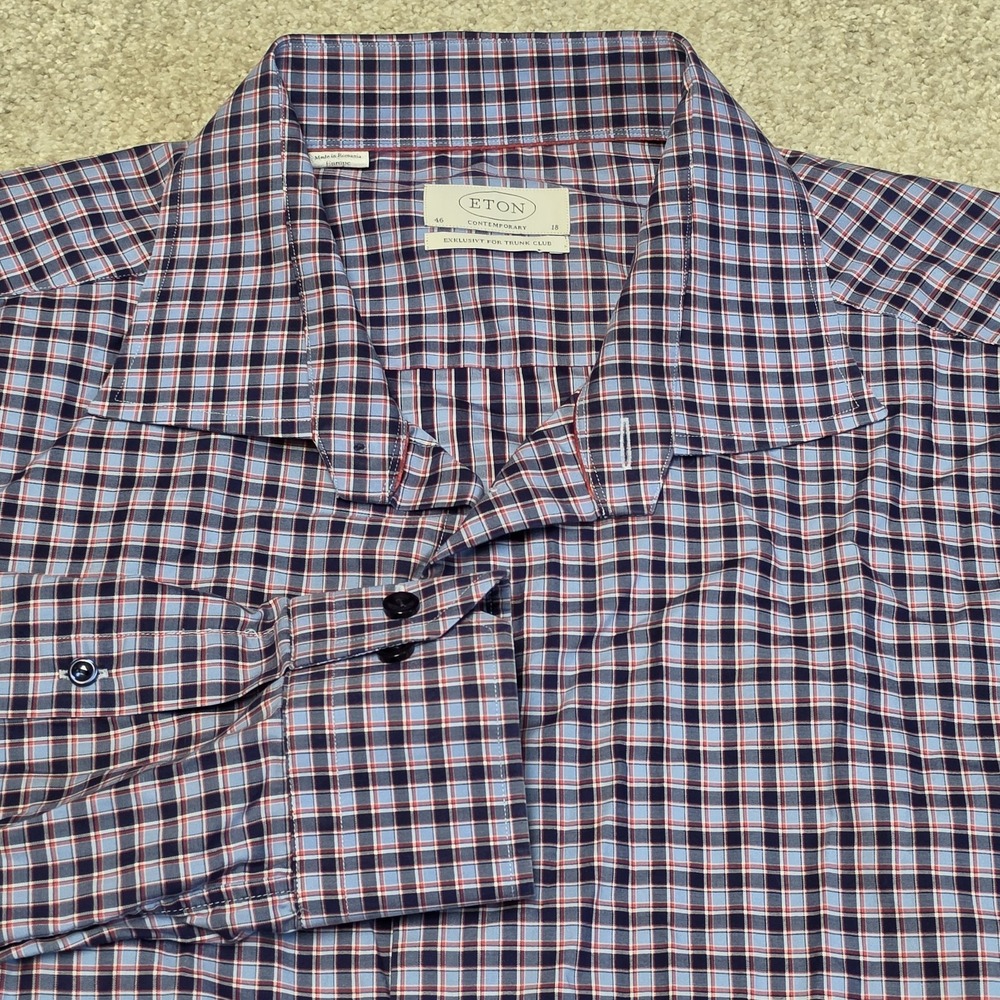 Eton Contemporary‎ Dress Shirt 46 18 Blue Red Plaid Cotton Button Cuff Luxury